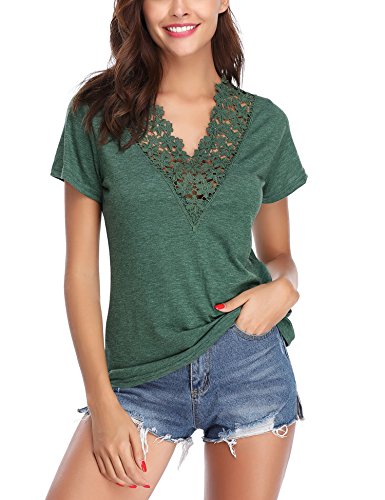 Abollria Camiseta Manga Corta para Mujer Camisa Algodón Casual Blusa con Bordado Sexy tee Shirt Cuello-V Deportivo T-Shirt Elasticidad Transpirable Basic Top para Verano Verde S