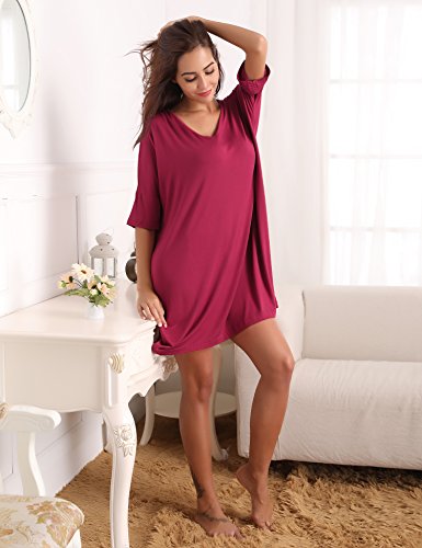 Abollria Camisón Mujer Verano de Algodón Manga Corta Camisónes Vestido Cuello en V Camisones Loungewear Vino Tinto,XL