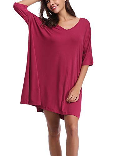 Abollria Camisón Mujer Verano de Algodón Manga Corta Camisónes Vestido Cuello en V Camisones Loungewear Vino Tinto,XL