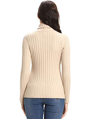 Abollria Elegante Jersey Mujer Primavera Ajustado Suéter Cuello Alto Invierno Ligero Pullover de Punto Otoño Manga Larga Sweater Turtleneck Top Beige, XXL