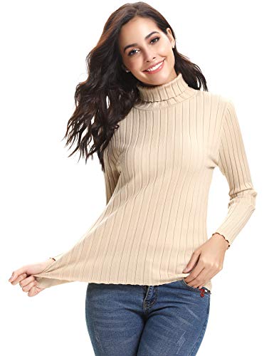 Abollria Elegante Jersey Mujer Primavera Ajustado Suéter Cuello Alto Invierno Ligero Pullover de Punto Otoño Manga Larga Sweater Turtleneck Top Beige, XXL