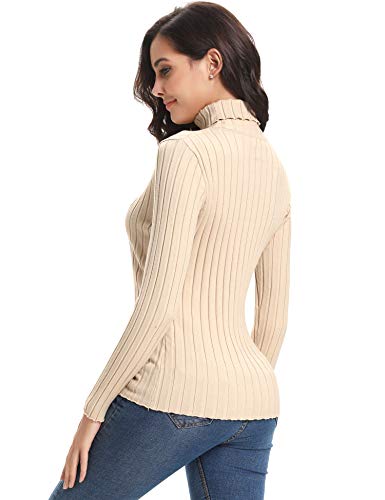 Abollria Elegante Jersey Mujer Primavera Ajustado Suéter Cuello Alto Invierno Ligero Pullover de Punto Otoño Manga Larga Sweater Turtleneck Top Beige, XXL