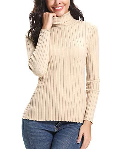 Abollria Elegante Jersey Mujer Primavera Ajustado Suéter Cuello Alto Invierno Ligero Pullover de Punto Otoño Manga Larga Sweater Turtleneck Top Beige, XXL