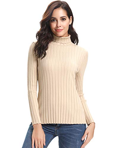 Abollria Elegante Jersey Mujer Primavera Ajustado Suéter Cuello Alto Invierno Ligero Pullover de Punto Otoño Manga Larga Sweater Turtleneck Top Beige, XXL