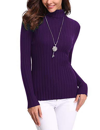 Abollria Jersey de Punto Mujer Cuello Alto Invierno Basic Suéter Manga Larga Color Sólido Clásico Pullover Otoño Turtleneck Sweater Primavera Morado, L