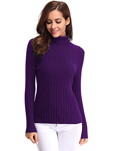 Abollria Jersey de Punto Mujer Cuello Alto Invierno Basic Suéter Manga Larga Color Sólido Clásico Pullover Otoño Turtleneck Sweater Primavera Morado, L