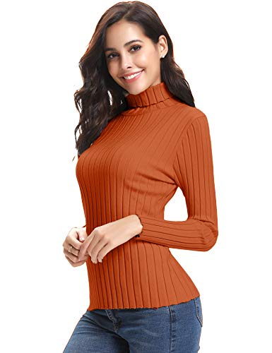 Abollria Jersey de Punto Mujer Cuello Alto Invierno Basic Suéter Manga Larga Color Sólido Clásico Pullover Otoño Turtleneck Sweater Primavera Naranja, XL