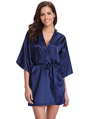 Abollria Kimono Mujer Bata para Satén Mujer Ropa de Dormir Batas Azul Oscuro,L=EU 42