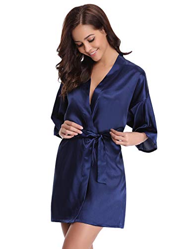Abollria Kimono Mujer Bata para Satén Mujer Ropa de Dormir Batas Azul Oscuro,L=EU 42