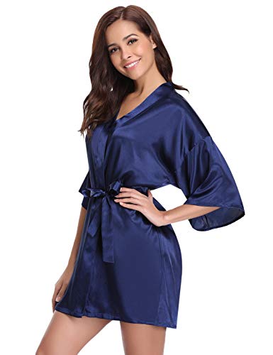 Abollria Kimono Mujer Bata para Satén Mujer Ropa de Dormir Batas Azul Oscuro,L=EU 42