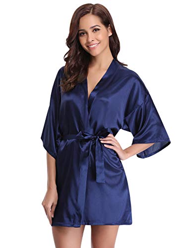 Abollria Kimono Mujer Bata para Satén Mujer Ropa de Dormir Batas Azul Oscuro,L=EU 42