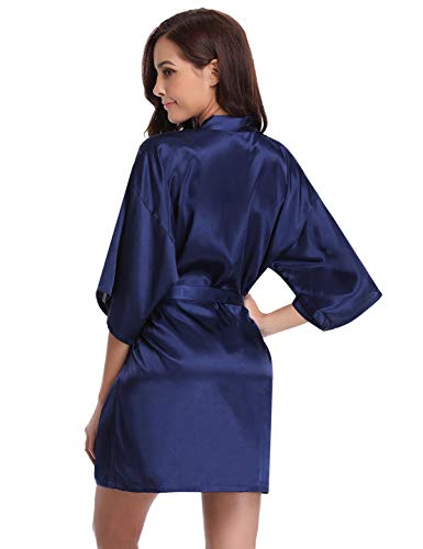 Abollria Kimono Mujer Bata para Satén Mujer Ropa de Dormir Batas Azul Oscuro,L=EU 42