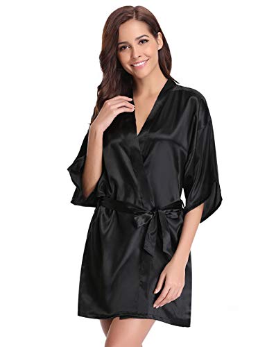 Abollria Kimono Mujer Bata para Satén Mujer Ropa de Dormir Batas Negro,S
