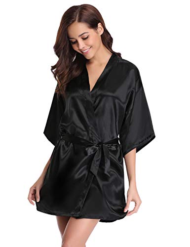 Abollria Kimono Mujer Bata para Satén Mujer Ropa de Dormir Batas Negro,S