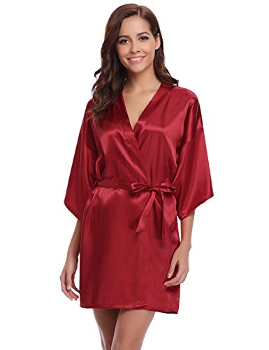 Abollria Kimono Mujer Bata para Satén Mujer Ropa de Dormir Batas Vino Tinto,M