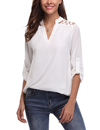 Abollria Mujeres Blusas con Manga Larga V Cuello Camisa Blouses T Shirt Pullover Tunica OL Sólido Color
