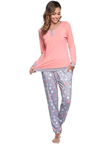 Abollria Pijama para Mujer 2 Piezas Conjuntos Camiseta y Pantalones Ropa de Casa Mujer (L, Naranja)