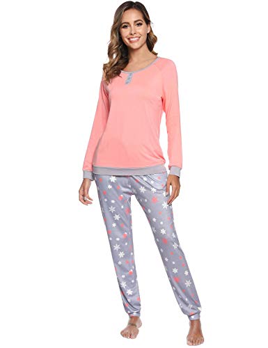 Abollria Pijama para Mujer 2 Piezas Conjuntos Camiseta y Pantalones Ropa de Casa Mujer (L, Naranja)
