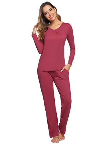 Abollria Pijamas Mujer Algodon Ropa de Domir Elegante Manga Pantalon Largos (L, Rojo Ladrillo_3#)