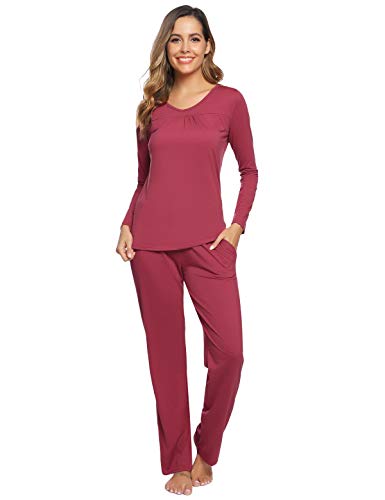 Abollria Pijamas Mujer Algodon Ropa de Domir Elegante Manga Pantalon Largos (L, Rojo Ladrillo_3#)