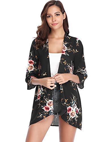 Abollria Playa Cárdigan Florales Chal de Gasa Manga 3/4 Ropa de Baño Cover Up para Mujer IR al Mar Pareo Casual Boho Style Capas Chaqueta Kimono para Vacaciones Verano y Fiesta