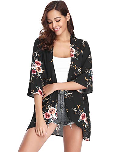 Abollria Playa Cárdigan Florales Chal de Gasa Manga 3/4 Ropa de Baño Cover Up para Mujer IR al Mar Pareo Casual Boho Style Capas Chaqueta Kimono para Vacaciones Verano y Fiesta