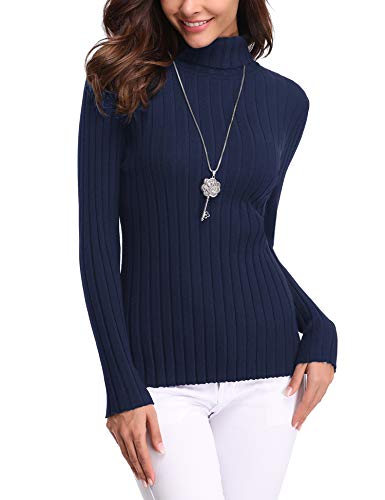 Abollria Suéter de Punto Mujer Elegante Jersey Cuello Alto Elástico Turtleneck Pullover Sweater Manga Larga para Primavera Otoño Invierno Azul, M