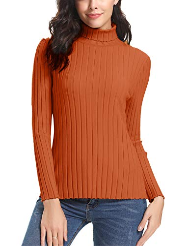 Abollria Suéter de Punto Mujer Elegante Jersey Cuello Alto Elástico Turtleneck Pullover Sweater Manga Larga para Primavera Otoño Invierno Naranja, S