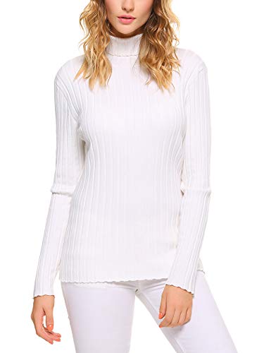 Abollria Suéter Elegante para Mujer Jerséy Clásico para Otoño Invierno Cuello Alto y Cuello Rotondo, Blanco, S