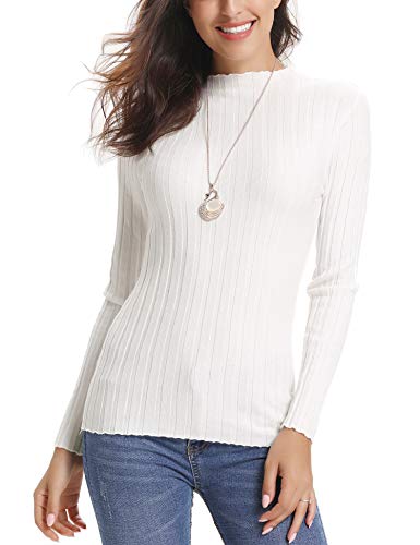 Abollria Suéter Mujer Básico Jerséy Cuello Redondo Clásico Suave Pullover de Punto Slim Fit Elegante Sweater Manga Larga para Otoño Invierno, Blanco, XXL