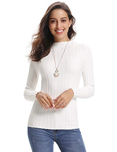 Abollria Suéter Mujer Básico Jerséy Cuello Redondo Clásico Suave Pullover de Punto Slim Fit Elegante Sweater Manga Larga para Otoño Invierno, Blanco, XXL