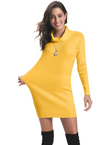 Abollria Vestido a Punto Cuello Alto Suéter Elegante para Mujer Jerséy Clásico para Otoño Invierno Cuello Alto, Amarillo, L