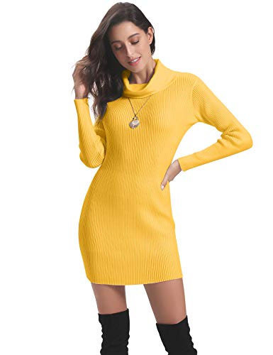 Abollria Vestido a Punto Cuello Alto Suéter Elegante para Mujer Jerséy Clásico para Otoño Invierno Cuello Alto, Amarillo, L