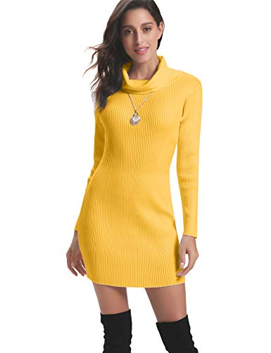 Abollria Vestido a Punto Cuello Alto Suéter Elegante para Mujer Jerséy Clásico para Otoño Invierno Cuello Alto, Amarillo, L