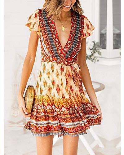 Abravo Mujer Vestido Bohemio Corto Florales Nacional Verano Vestido Casual Magas Cortas Chic de Noche Playa Vacaciones (2XL=EU42-44, Naranja-1)