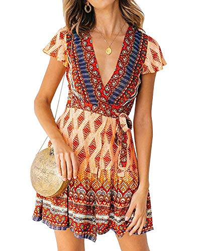Abravo Mujer Vestido Bohemio Corto Florales Nacional Verano Vestido Casual Magas Cortas Chic de Noche Playa Vacaciones (2XL=EU42-44, Naranja-1)