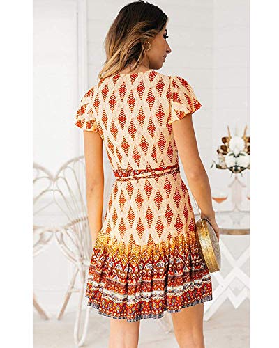 Abravo Mujer Vestido Bohemio Corto Florales Nacional Verano Vestido Casual Magas Cortas Chic de Noche Playa Vacaciones (2XL=EU42-44, Naranja-1)