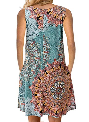 Abravo Mujer Vestido Estampado Floral sin Mangas Vestido Casual Corto Playa con un Bolsillo,Azul,XL