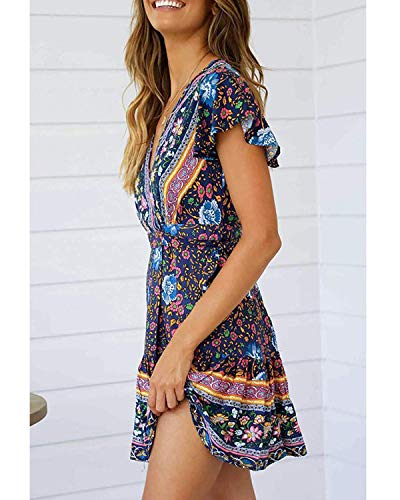 Abravo Mujer Vestido?Bohemio Corto Florales Nacional Verano Vestido Casual Magas Cortas Chic de Noche Playa Vacaciones,Azul Oscuro,S