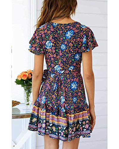 Abravo Mujer Vestido?Bohemio Corto Florales Nacional Verano Vestido Casual Magas Cortas Chic de Noche Playa Vacaciones,Azul Oscuro,S