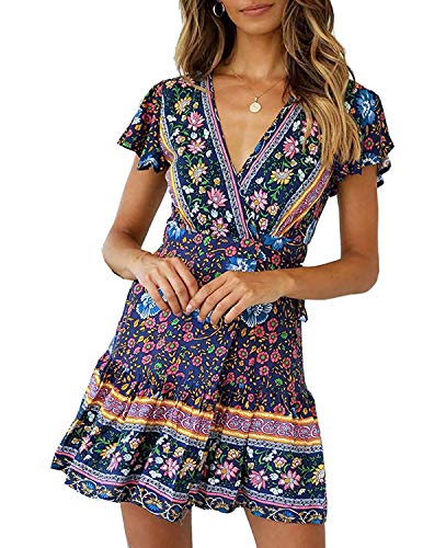 Abravo Mujer Vestido?Bohemio Corto Florales Nacional Verano Vestido Casual Magas Cortas Chic de Noche Playa Vacaciones,Azul Oscuro,S