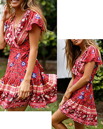 Abravo Mujer Vestido?Bohemio Corto Florales Nacional Verano Vestido Casual Magas Cortas Chic de Noche Playa Vacaciones,Rojo y Azul,S