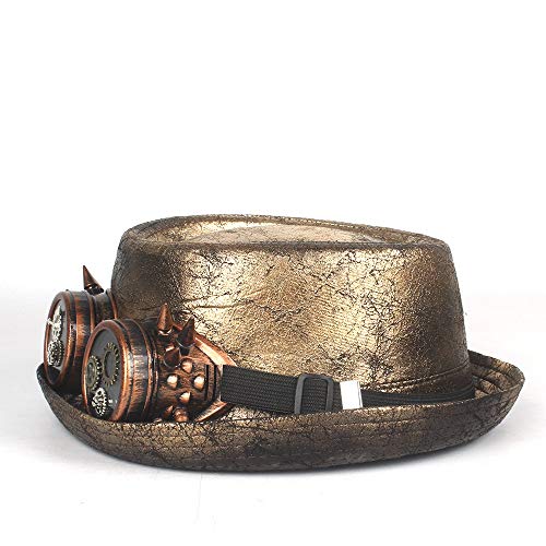 Accesorios sombrero de ala ancha diario Pintura metalizada cuero de los hombres de oro Pork Pie Hat for obtener el sombrero de Fedora de Steampunk del caballero del sombrero plano Gear Gafas Porkpie s