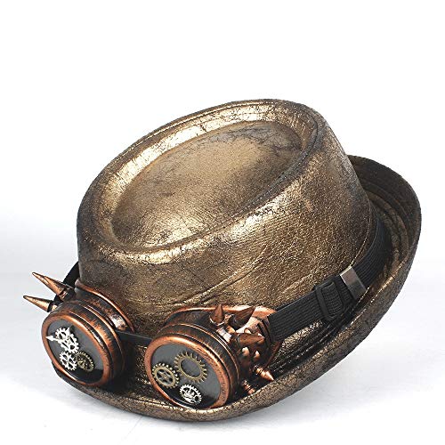 Accesorios sombrero de ala ancha diario Pintura metalizada cuero de los hombres de oro Pork Pie Hat for obtener el sombrero de Fedora de Steampunk del caballero del sombrero plano Gear Gafas Porkpie s