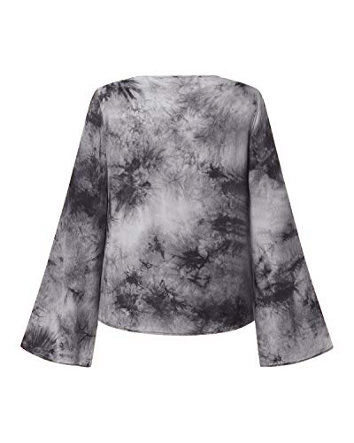 ACHIOOWA Blusa de manga larga para mujer, con volantes, estampado floral, casual, suelto, para mujer Gris-d95540 L