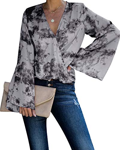 ACHIOOWA Blusa de manga larga para mujer, con volantes, estampado floral, casual, suelto, para mujer Gris-d95540 L