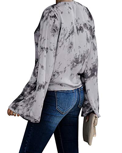 ACHIOOWA Blusa de manga larga para mujer, con volantes, estampado floral, casual, suelto, para mujer Gris-d95540 L