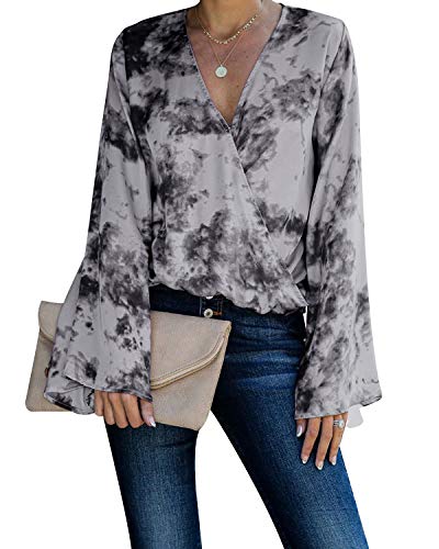 ACHIOOWA Blusa de manga larga para mujer, con volantes, estampado floral, casual, suelto, para mujer Gris-d95540 L
