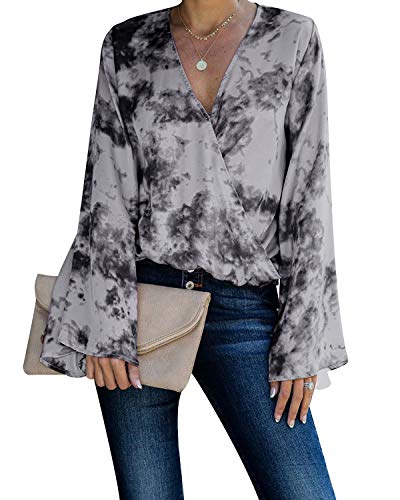 ACHIOOWA Blusa de manga larga para mujer, con volantes, estampado floral, casual, suelto, para mujer Gris-d95540 L