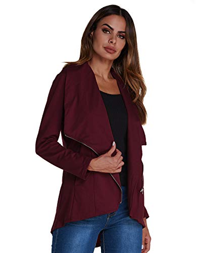 ACHIOOWA Chaqueta Corta Mujer Manga Larga Tops Casual Blusa Cárdigan con Frente Abierto Abrigos Solapa Oficina Vino Rojo 2XL